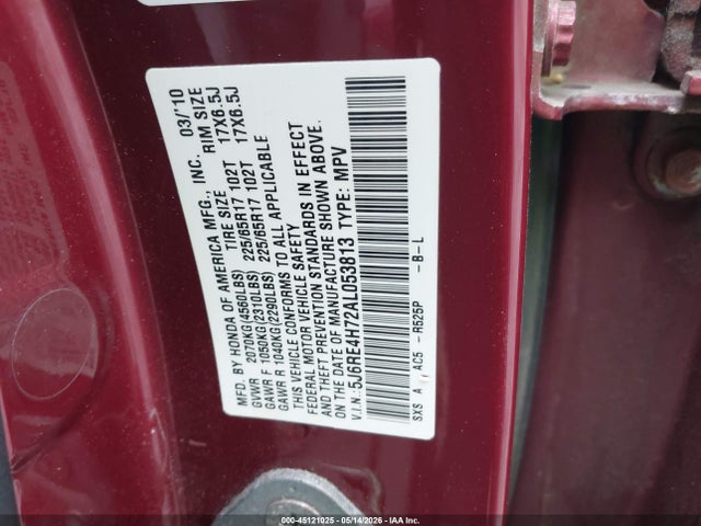 45121025 :رقم المزاد ، 5J6RE4H72AL053813 vin ، 2010 Honda Cr-v Ex-l مزاد بيع