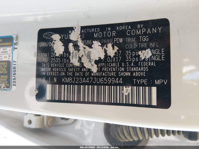 Aukcja sprzedaży 2018 Hyundai Tucson Se, vin: KM8J23A47JU659944, numer aukcji: 45121028