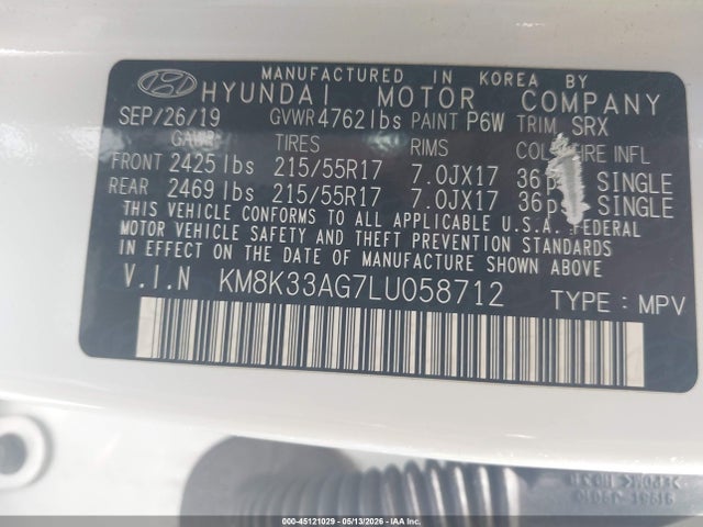 2020 Hyundai Kona Electric Limited მანქანა იყიდება აუქციონზე, vin: KM8K33AG7LU058712, აუქციონის ნომერი: 45121029