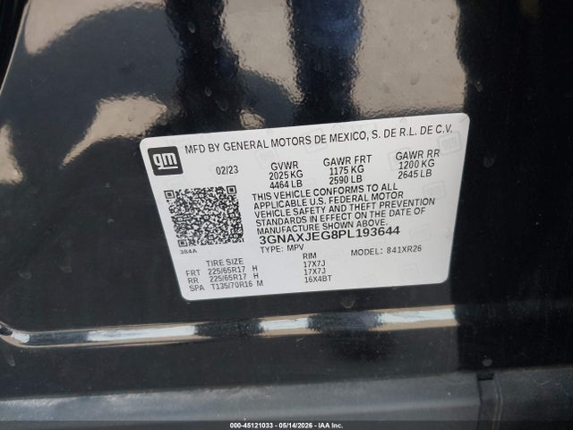 2023 Chevrolet Equinox Lt მანქანა იყიდება აუქციონზე, vin: 3GNAXJEG8PL193644, აუქციონის ნომერი: 45121033