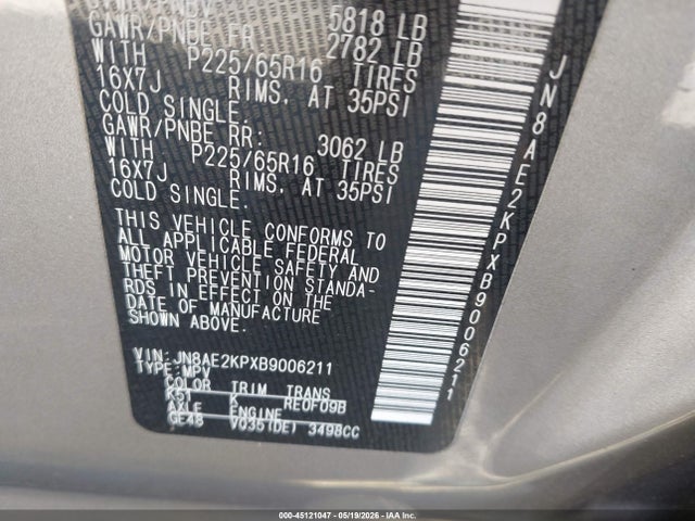 2011 Nissan Quest Sv მანქანა იყიდება აუქციონზე, vin: JN8AE2KPXB9006211, აუქციონის ნომერი: 45121047