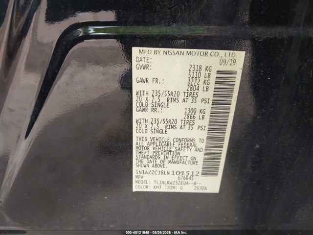 45121048 :رقم المزاد ، 5N1AZ2CJ8LN101512 vin ، 2020 Nissan Murano Sl Fwd مزاد بيع