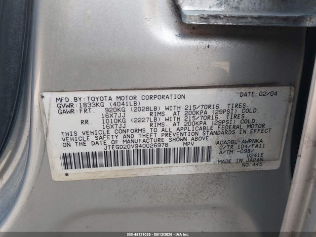 Aukcja sprzedaży 2004 Toyota Rav4, vin: JTEGD20V940026978, numer aukcji: 45121055