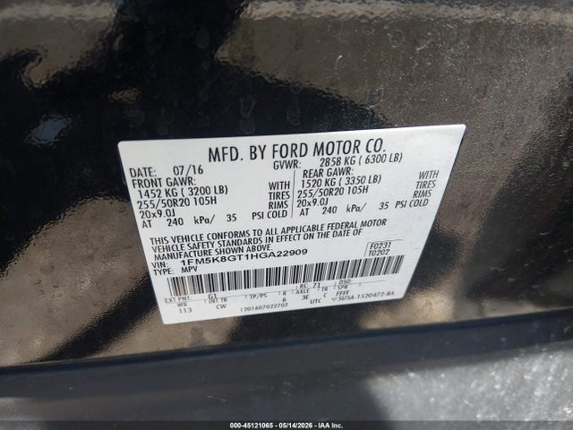 2017 Ford Explorer Sport მანქანა იყიდება აუქციონზე, vin: 1FM5K8GT1HGA22909, აუქციონის ნომერი: 45121065