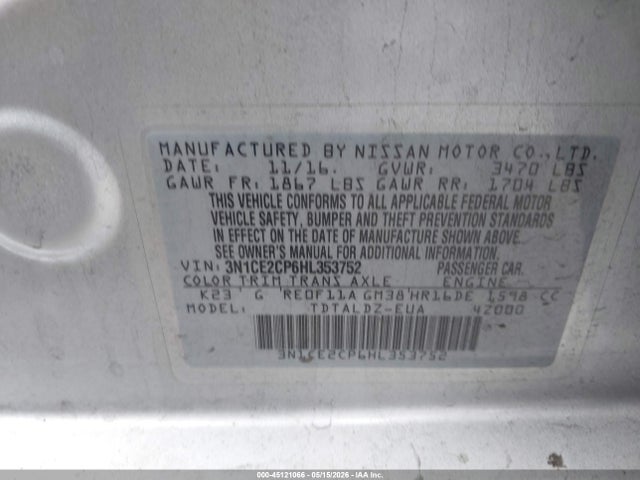 Aukcja sprzedaży 2017 Nissan Versa Note Sv, vin: 3N1CE2CP6HL353752, numer aukcji: 45121066