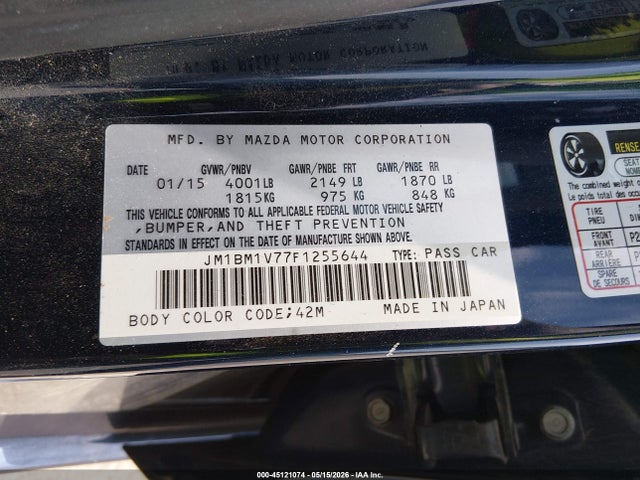 45121074 :رقم المزاد ، JM1BM1V77F1255644 vin ، 2015 Mazda Mazda3 I Touring مزاد بيع
