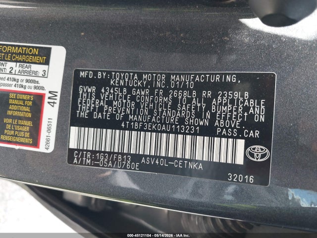 Продажа на аукционе авто 2010 Toyota Camry Le, vin: 4T1BF3EK0AU113231, номер лота: 45121104