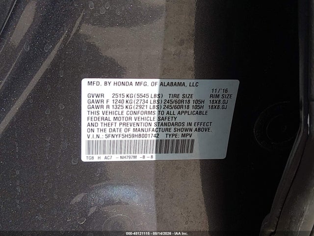 Honda Pilot Ex-l 2017 5FNYF5H59HB001742 Image 9