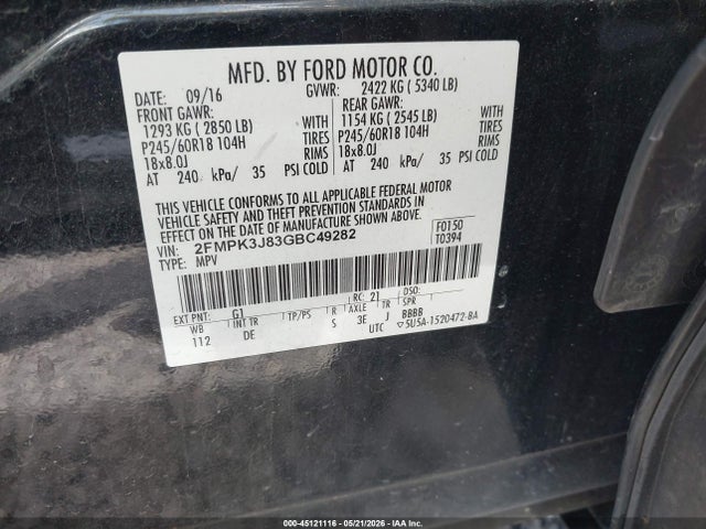 Aukcja sprzedaży 2016 Ford Edge Sel, vin: 2FMPK3J83GBC49282, numer aukcji: 45121116
