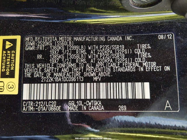 45121132 :رقم المزاد ، 2T2ZK1BA1DC096113 vin ، 2013 Lexus Rx 350 مزاد بيع