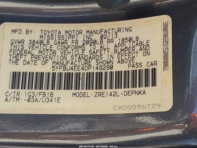 Aukcja sprzedaży 2013 Toyota Corolla Le, vin: 5YFBU4EE4DP149290, numer aukcji: 45121135