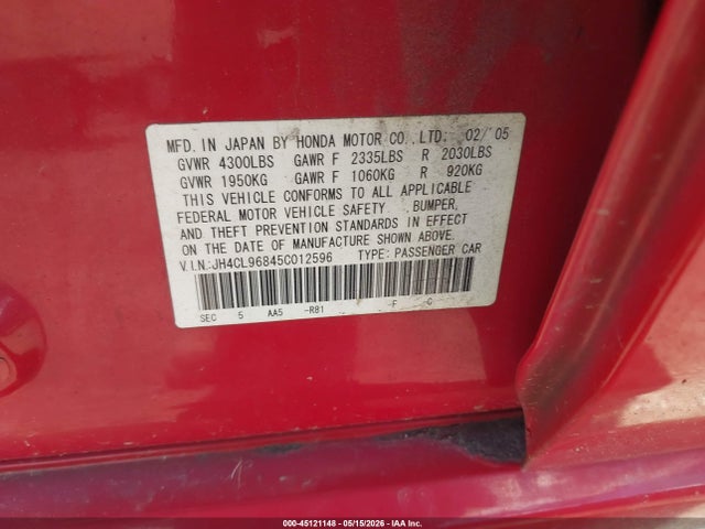 Auction sale of the 2005 Acura Tsx, vin: JH4CL96845C012596, lot number: 45121148