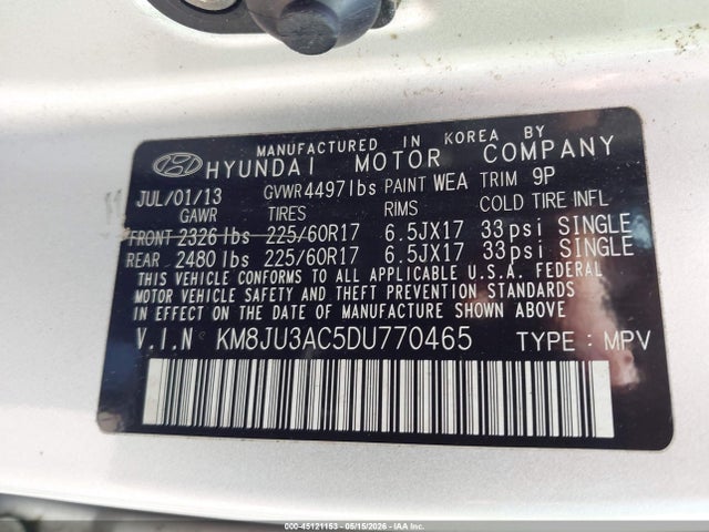 Продажа на аукционе авто 2013 Hyundai Tucson Gls, vin: KM8JU3AC5DU770465, номер лота: 45121153