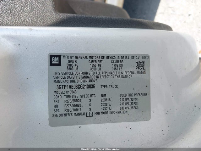 Aukcja sprzedaży 2012 Gmc Sierra 1500 Sle, vin: 3GTP1VE08CG213036, numer aukcji: 45121154
