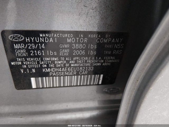 Aukcja sprzedaży 2014 Hyundai Elantra Limited, vin: KMHDH4AE6EU182133, numer aukcji: 45121165