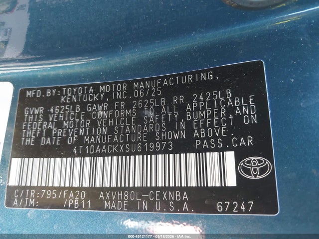 Aukcja sprzedaży 2025 Toyota Camry Le, vin: 4T1DAACKXSU619973, numer aukcji: 45121177