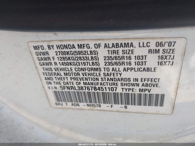 45121178 :رقم المزاد ، 5FNRL38767B451107 vin ، 2007 Honda Odyssey Ex-l مزاد بيع