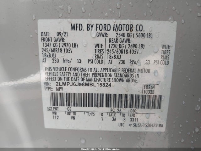 Продажа на аукционе авто 2021 Lincoln Nautilus Standard, vin: 2LMPJ6J98MBL15824, номер лота: 45121182