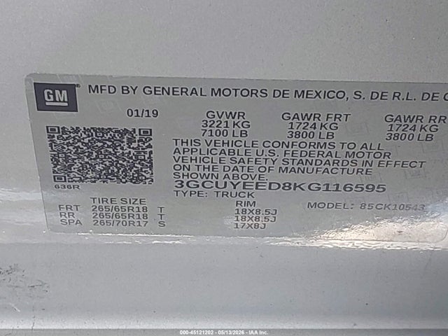 2019 Chevrolet Silverado 1500 Rst მანქანა იყიდება აუქციონზე, vin: 3GCUYEED8KG116595, აუქციონის ნომერი: 45121202
