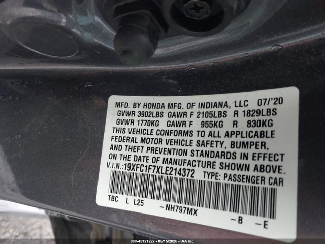2020 Honda Civic Ex-l მანქანა იყიდება აუქციონზე, vin: 19XFC1F7XLE214372, აუქციონის ნომერი: 45121227