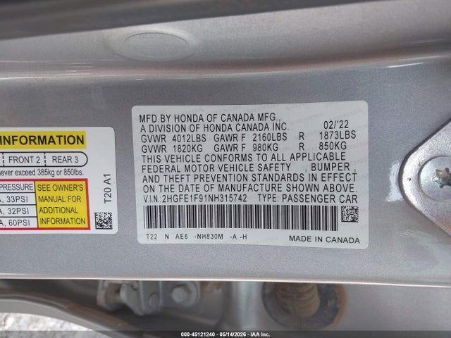 Продаж на аукціоні авто 2022 Honda Civic Touring, vin: 2HGFE1F91NH315742, номер лоту: 45121240