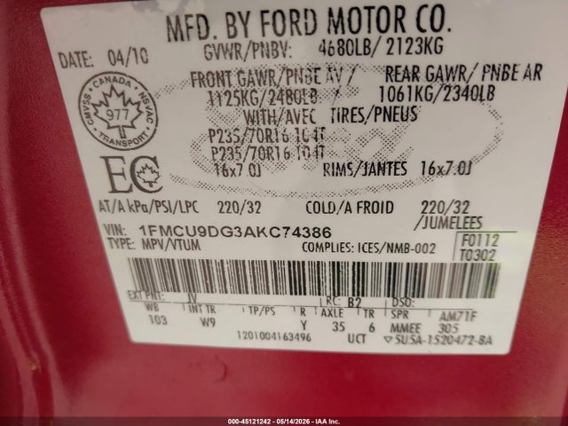 45121242 :رقم المزاد ، 1FMCU9DG3AKC74386 vin ، 2010 Ford Escape Xlt مزاد بيع