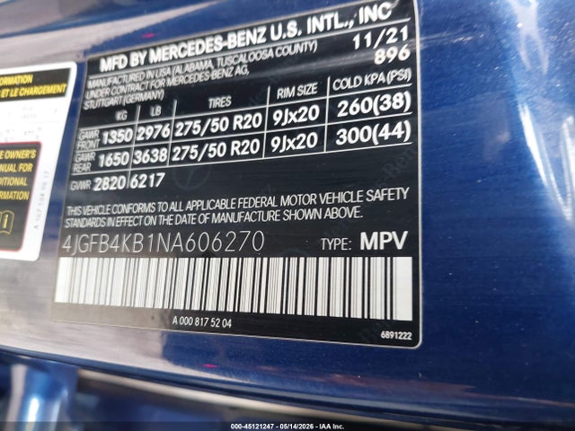Aukcja sprzedaży 2022 Mercedes-benz Gle 350 4matic, vin: 4JGFB4KB1NA606270, numer aukcji: 45121247