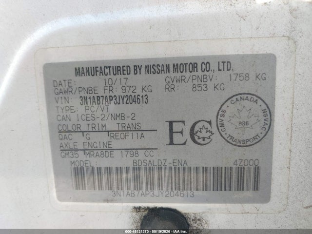 Aukcja sprzedaży 2018 Nissan Sentra S/sl/sr/sv, vin: 3N1AB7AP3JY204613, numer aukcji: 45121270