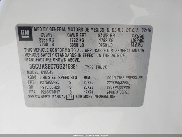 3GCUKSEC7GG216881 Chevrolet Silverado 1500 2lz
