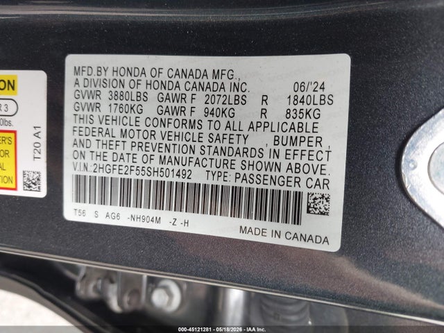 Продажа на аукционе авто 2025 Honda Civic Sport, vin: 2HGFE2F55SH501492, номер лота: 45121281