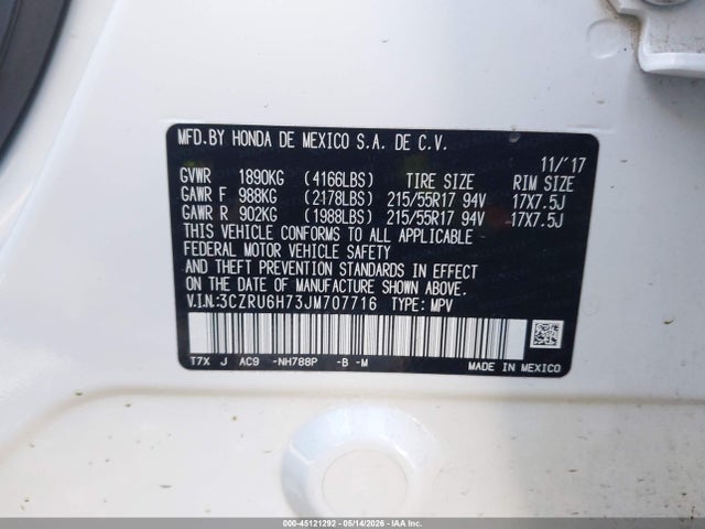 Aukcja sprzedaży 2018 Honda Hr-v Ex-l, vin: 3CZRU6H73JM707716, numer aukcji: 45121292