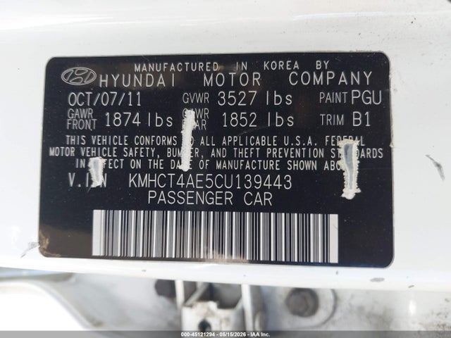 Продажа на аукционе авто 2012 Hyundai Accent Gls, vin: KMHCT4AE5CU139443, номер лота: 45121294