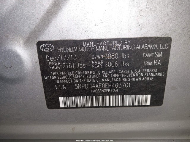 Aukcja sprzedaży 2014 Hyundai Elantra Se, vin: 5NPDH4AE0EH463701, numer aukcji: 45121298