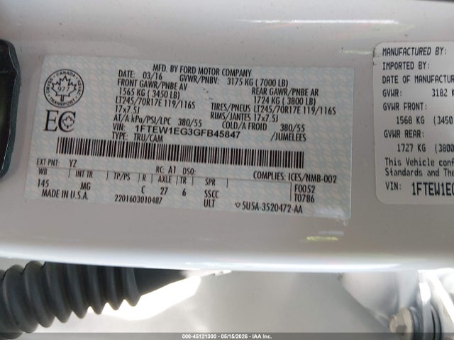 45121300 :رقم المزاد ، 1FTEW1EG3GFB45847 vin ، 2016 Ford F-150 Xlt مزاد بيع