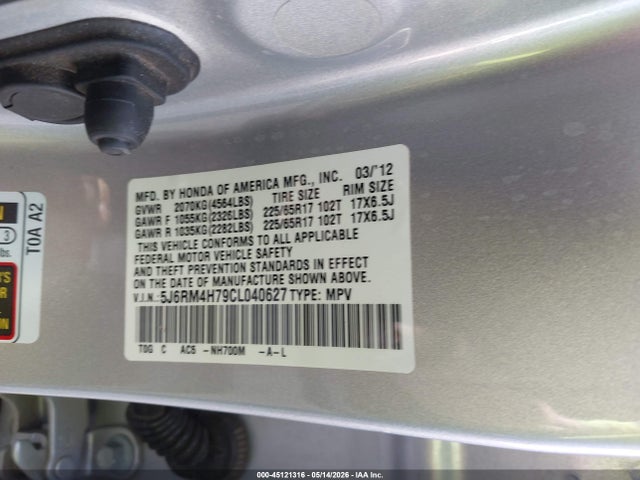 2012 Honda Cr-v Ex-l მანქანა იყიდება აუქციონზე, vin: 5J6RM4H79CL040627, აუქციონის ნომერი: 45121316
