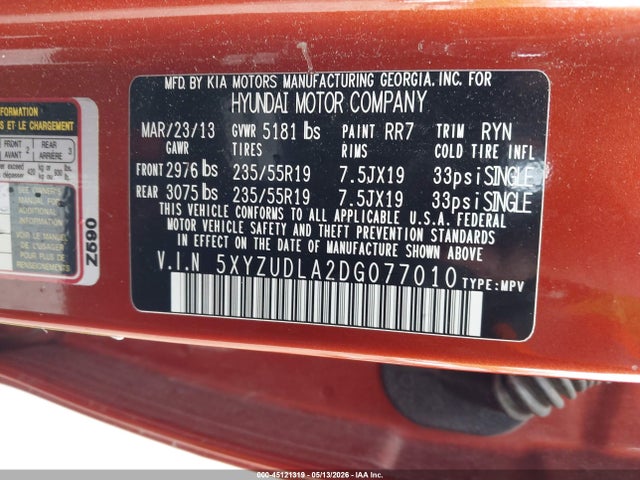 Aukcja sprzedaży 2013 Hyundai Santa Fe Sport 2.0t, vin: 5XYZUDLA2DG077010, numer aukcji: 45121319