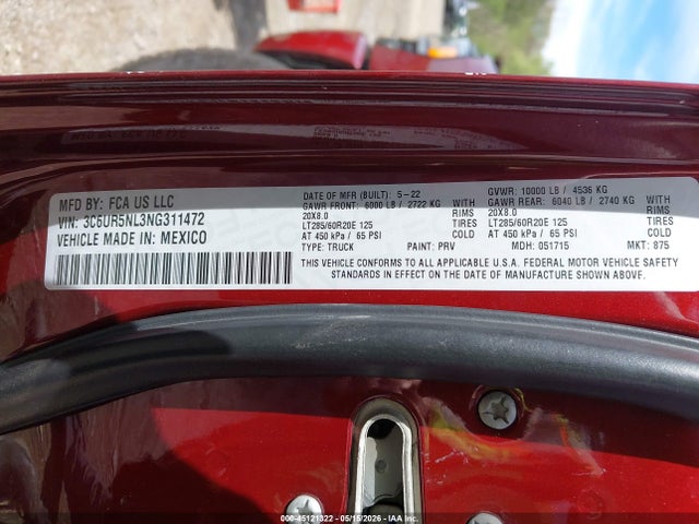 2022 Ram 2500 Laramie  4x4 6'4 Box მანქანა იყიდება აუქციონზე, vin: 3C6UR5NL3NG311472, აუქციონის ნომერი: 45121322