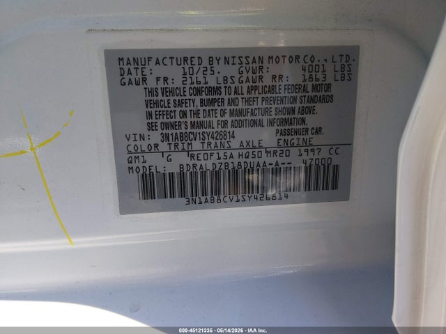 Aukcja sprzedaży 2025 Nissan Sentra Sv, vin: 3N1AB8CV1SY426814, numer aukcji: 45121335