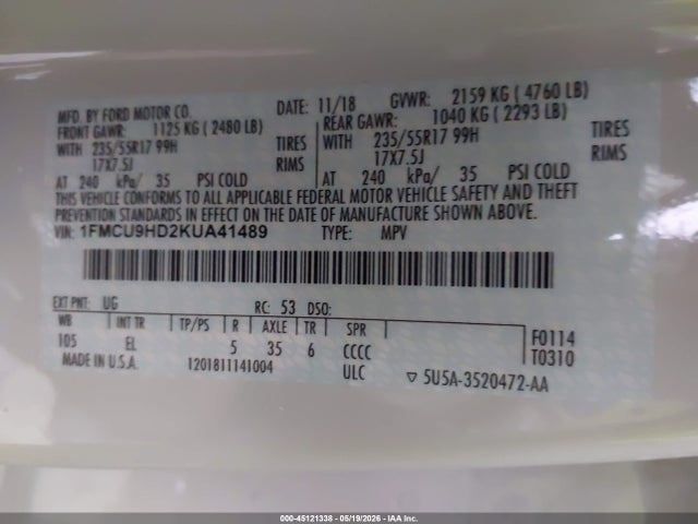 Aukcja sprzedaży 2019 Ford Escape Sel, vin: 1FMCU9HD2KUA41489, numer aukcji: 45121338