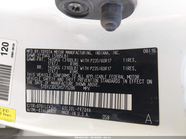 5TDYZ3DC5HS775286 Toyota Sienna Xle Premium 8 Passenger