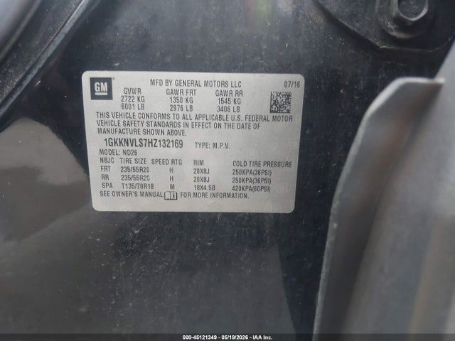 45121349 :رقم المزاد ، 1GKKNVLS7HZ132169 vin ، 2017 Gmc Acadia Slt-1 مزاد بيع