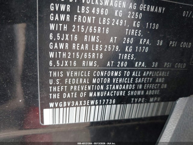 Aukcja sprzedaży 2014 Volkswagen Tiguan S, vin: WVGBV3AX3EW517736, numer aukcji: 45121354