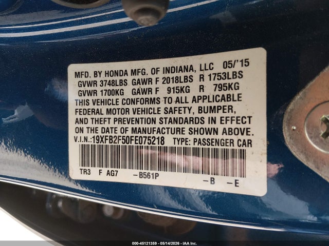 2015 Honda Civic Lx მანქანა იყიდება აუქციონზე, vin: 19XFB2F50FE075218, აუქციონის ნომერი: 45121359