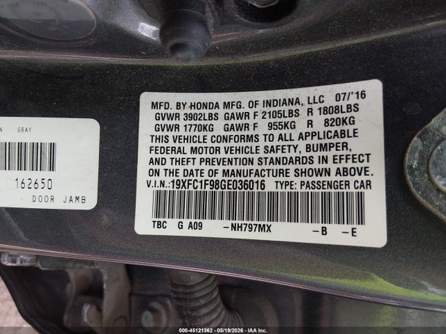 Продажа на аукционе авто 2016 Honda Civic Touring, vin: 19XFC1F98GE036016, номер лота: 45121362