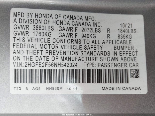 2022 Honda Civic Sport მანქანა იყიდება აუქციონზე, vin: 2HGFE2F56NH542024, აუქციონის ნომერი: 45121363
