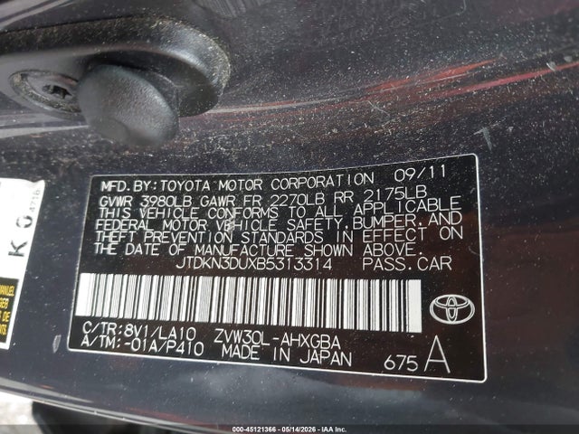 45121366 :رقم المزاد ، JTDKN3DUXB5313314 vin ، 2011 Toyota Prius Five مزاد بيع