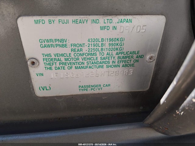 2006 Subaru Forester 2.5xt Limited მანქანა იყიდება აუქციონზე, vin: JF1SG69626H728983, აუქციონის ნომერი: 45121370