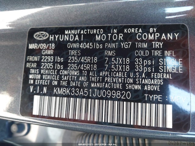 Aukcja sprzedaży 2018 Hyundai Kona Limited, vin: KM8K33A51JU099820, numer aukcji: 45121372