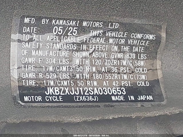 2025 Kawasaki Zx636 K მანქანა იყიდება აუქციონზე, vin: JKBZXJJ12SA030653, აუქციონის ნომერი: 45121376