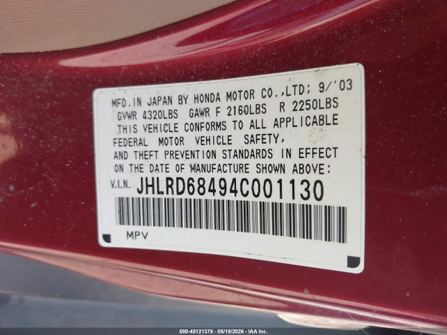 Aukcja sprzedaży 2004 Honda Cr-v Lx, vin: JHLRD68494C001130, numer aukcji: 45121378